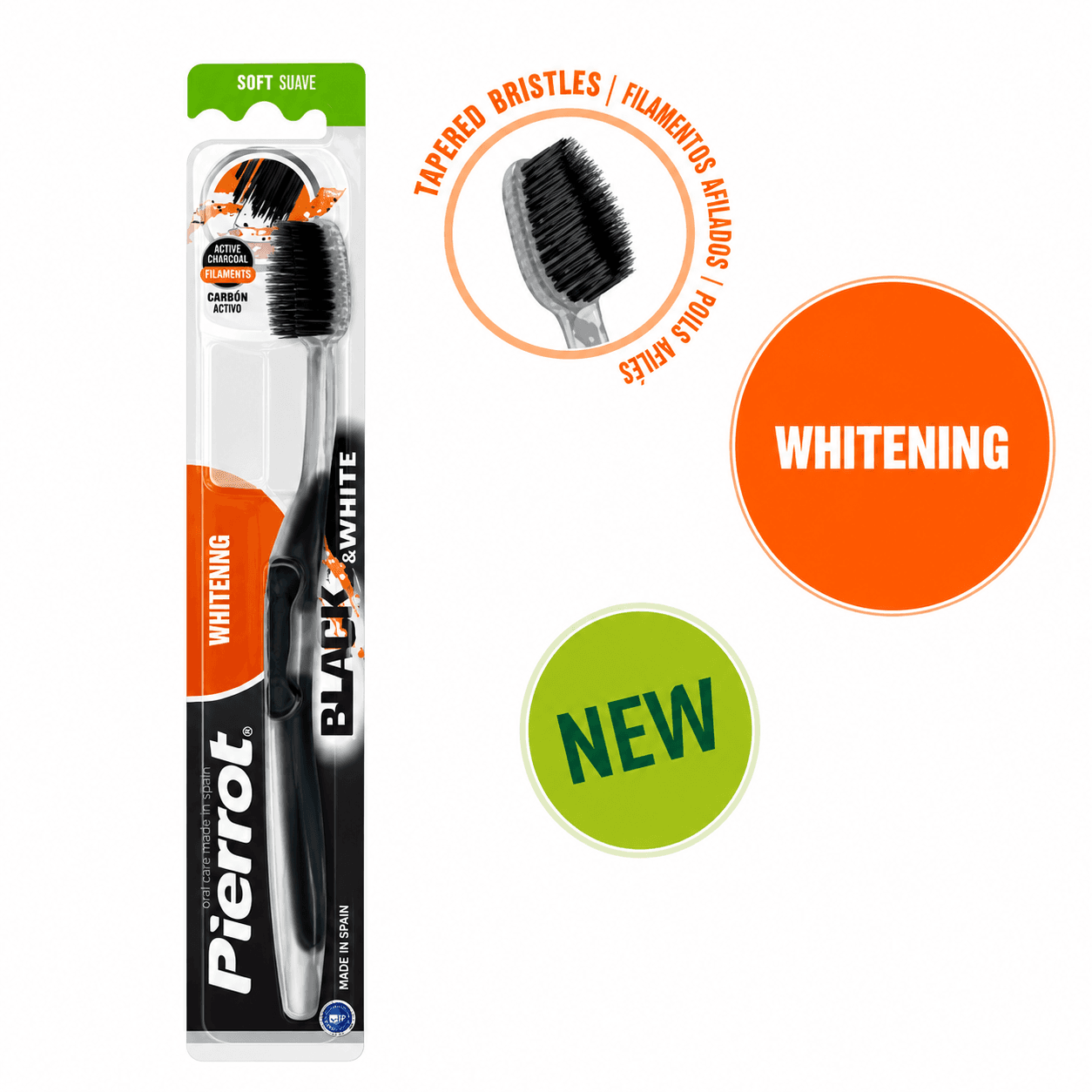 BROSSE À DENTS AU CHARBON ACTIF PIERROT BLACK & WHITE, SOUPLE