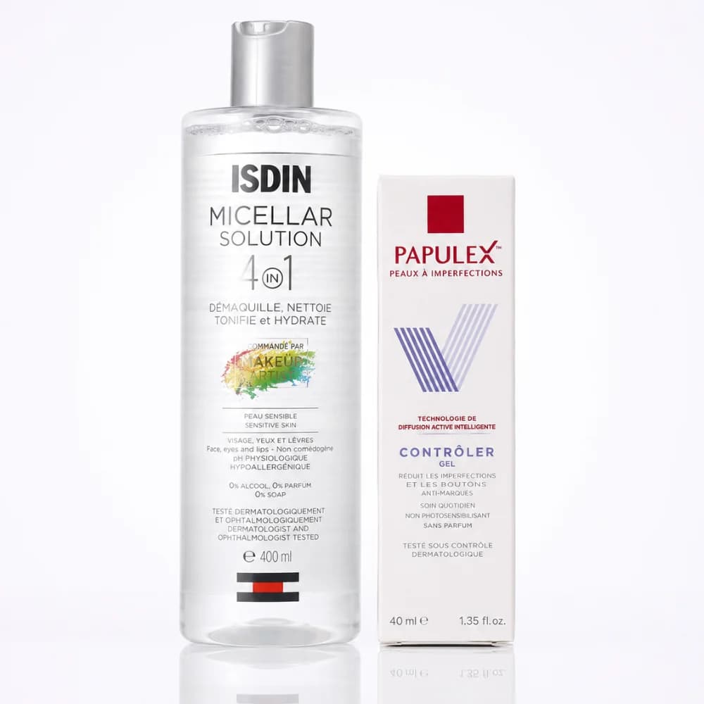 PACK :ISDIN DERMA SOLUTION MICELLAIRE HYDRATANTE 4EN1 400ML+ PAPULEX GEL SOIN INTENSIF 40ML