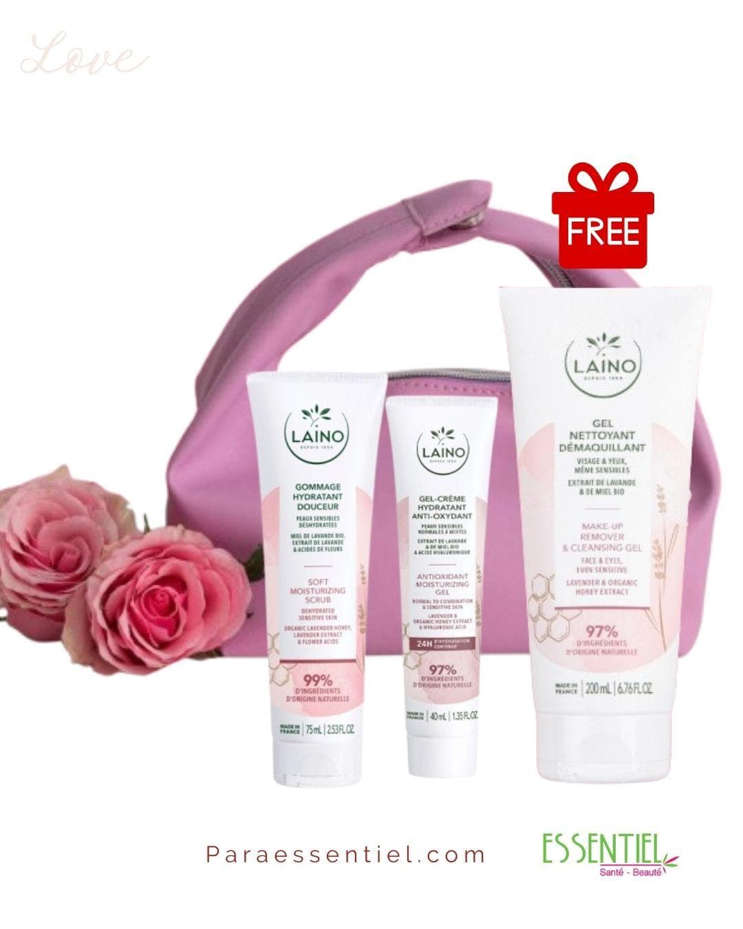 Laino Trousse Saint valentin Gommage Douceur Hydratant 75ML, Gel Nettoyant Démaquillant (Offert), Gel-Crème Hydratant Antioxydan