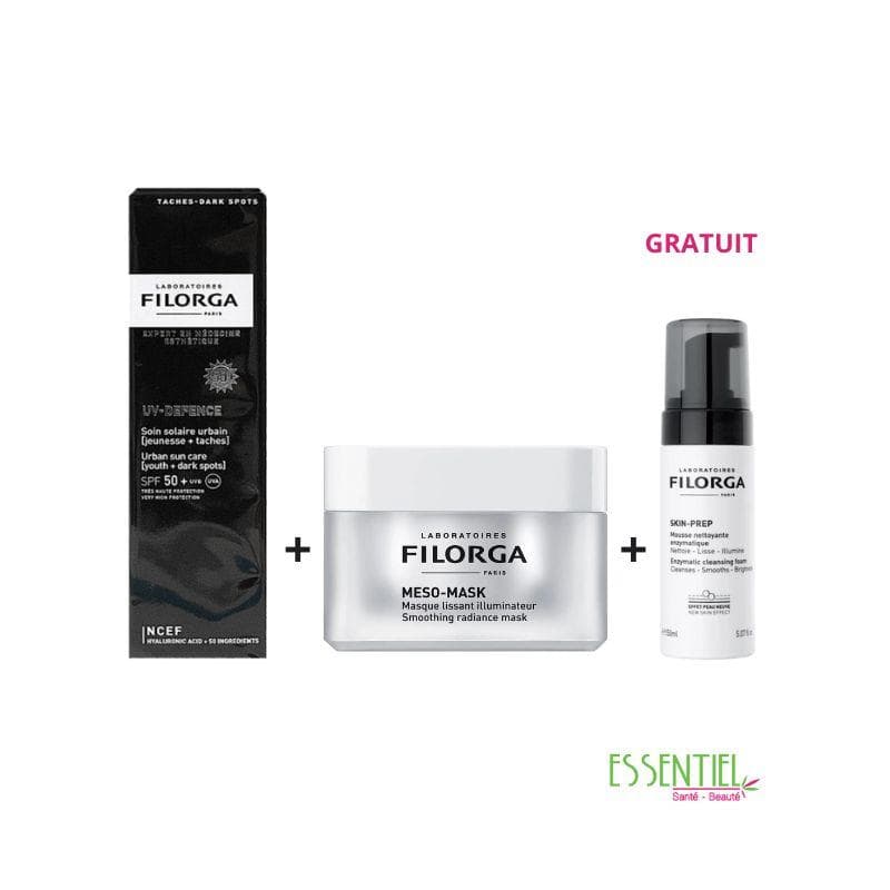 PACK FILORGA MESO-MASK MASQUE LISSANT ILLUMINATEUR, 50ML+SOIN SOLAIRE UV-DEFENCE 40ML+ MOUSSE NETTOYANTE SKIN-PREP 30ML GRATUITE