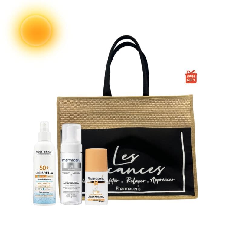 PHARMACERIS PACK FOND DE TEINT SPF 50+ + MOUSSE NETTOYANYTE ECLAIRCISSANTE +DERMEDIC SPRAY SPF50+ 150ML