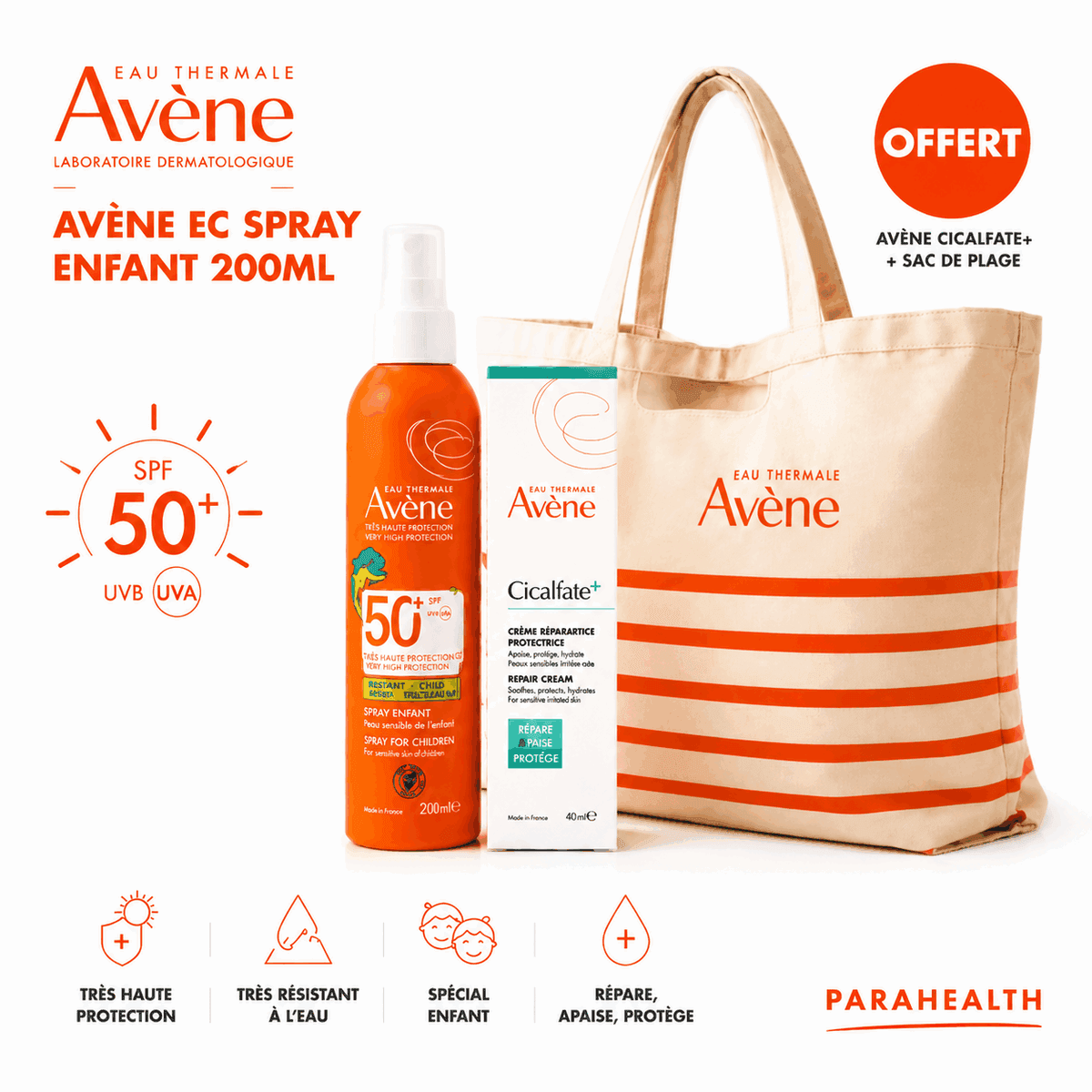 Avène Solaire Spray Enfant Haute Protection SPF 50+200ML +Cicalfate Crème 40mL + Sac de Plage (OFFERTS)