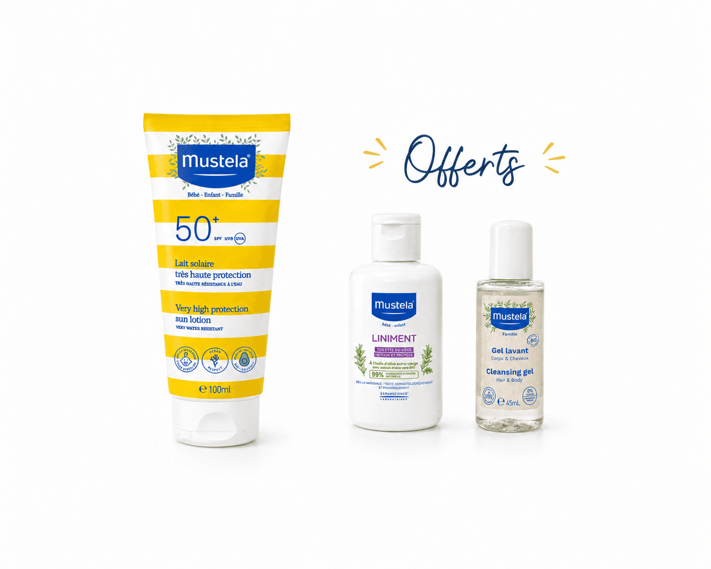 MUSTELA Lait Solaire Très Haute Protection SPF50+100mL + Gel Lavant 45mL +Liniment 50mL (Offerts)