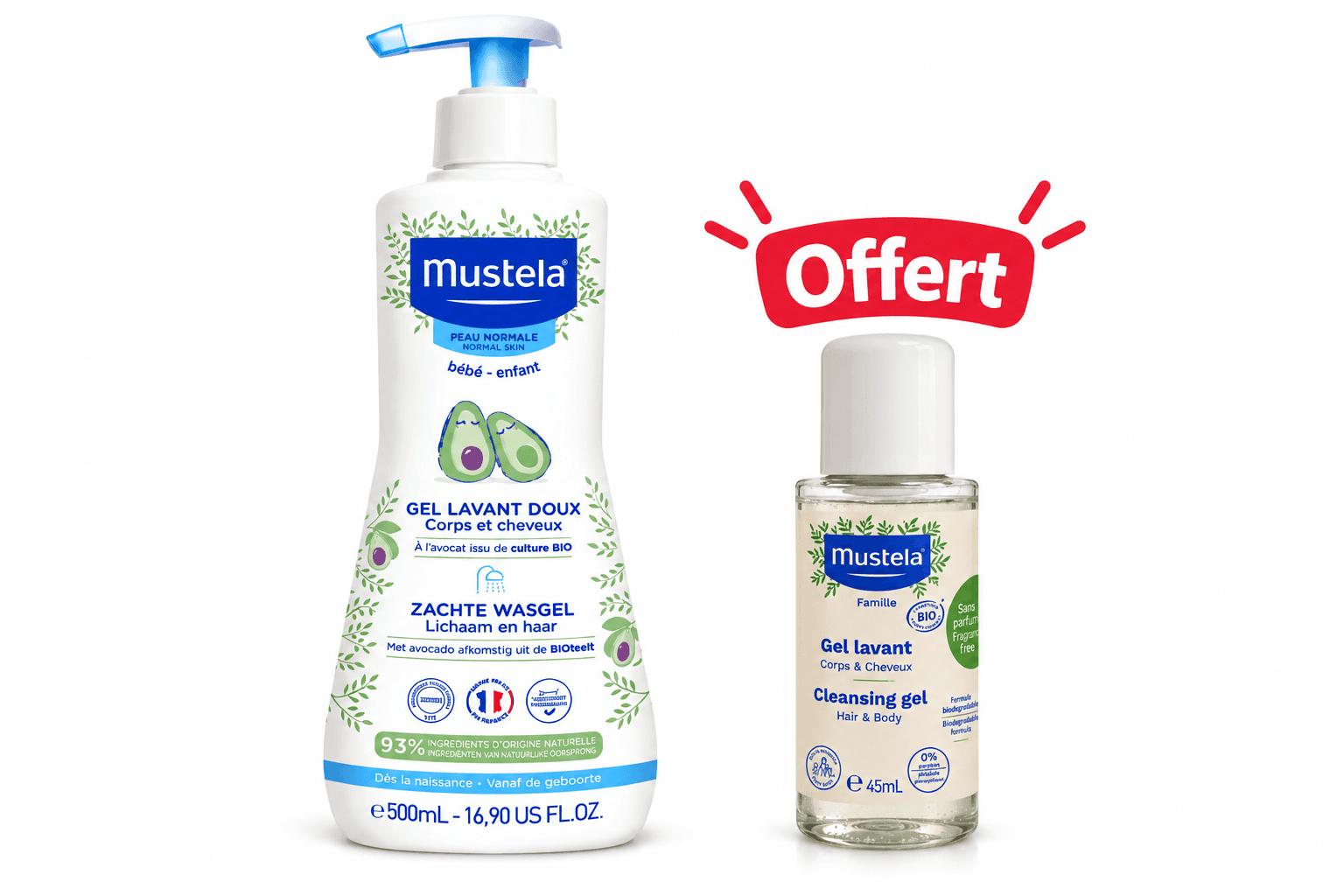 Mustela Gel Lavant Doux 500mL + Gel Lavant Bio 45mL Offert