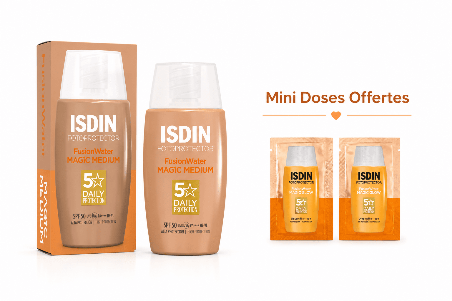 ISDIN ÉCRAN Fusion Water Magic Teinté Médium SPF50+ 50mL + 2 Mini Doses Offertes