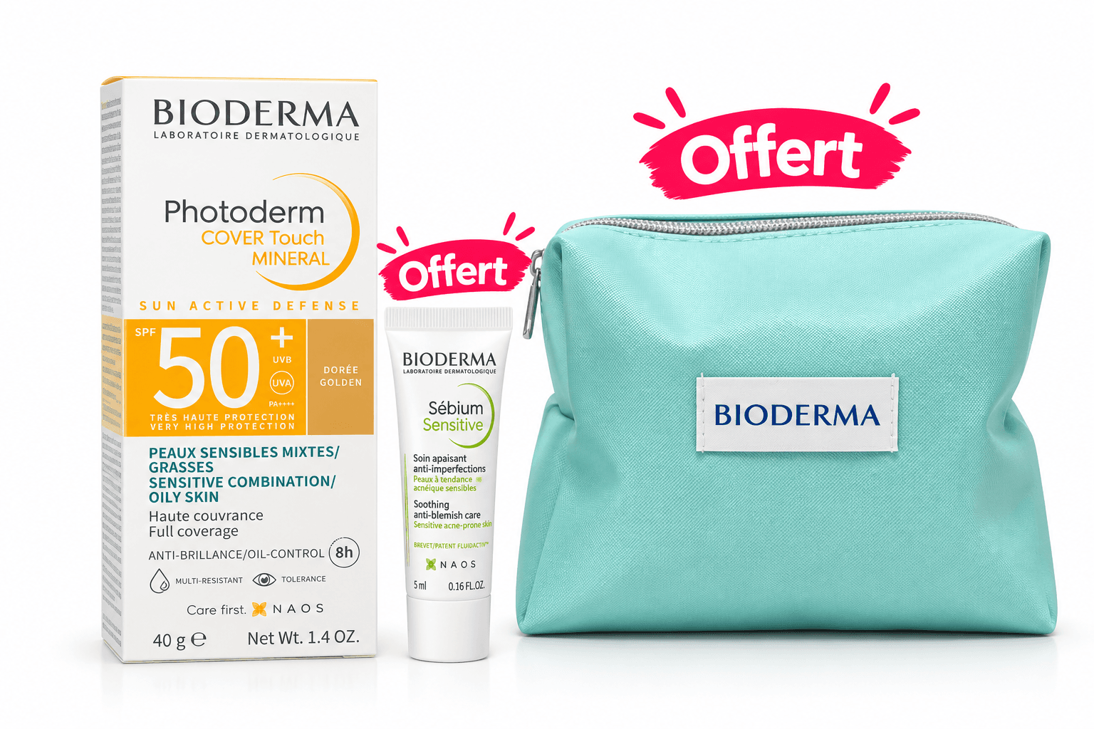 Bioderma Photoderm Cover Touch Minéral Teinté Dorée SPF50+ 40mL + Sebium Sensitive 5mL et Trousse Offerts