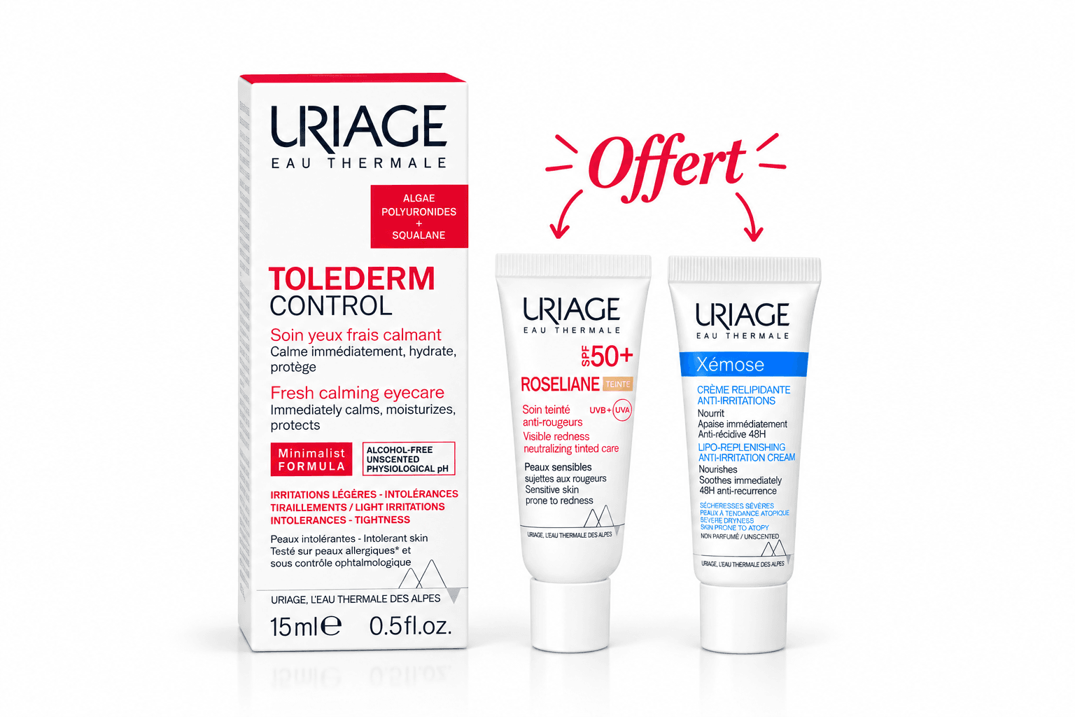 Uriage Tolederm Control Soin Yeux Frais Apaisant 15mL+ Mini Dose Roséliane SPF50 Teinté et Xemose Crème Offertes