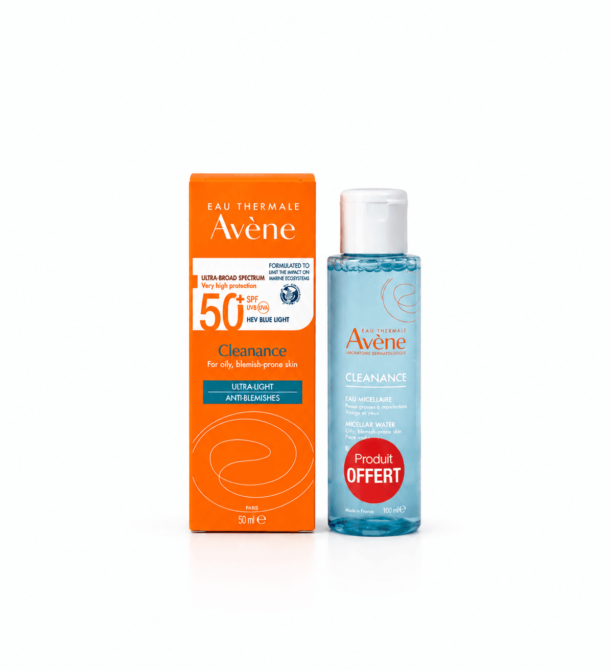 Avène Solaire Cleanance Ultra Lèger Anti-Imperfection SPF50 50mL + Eau Micellaire 100mL Offerte