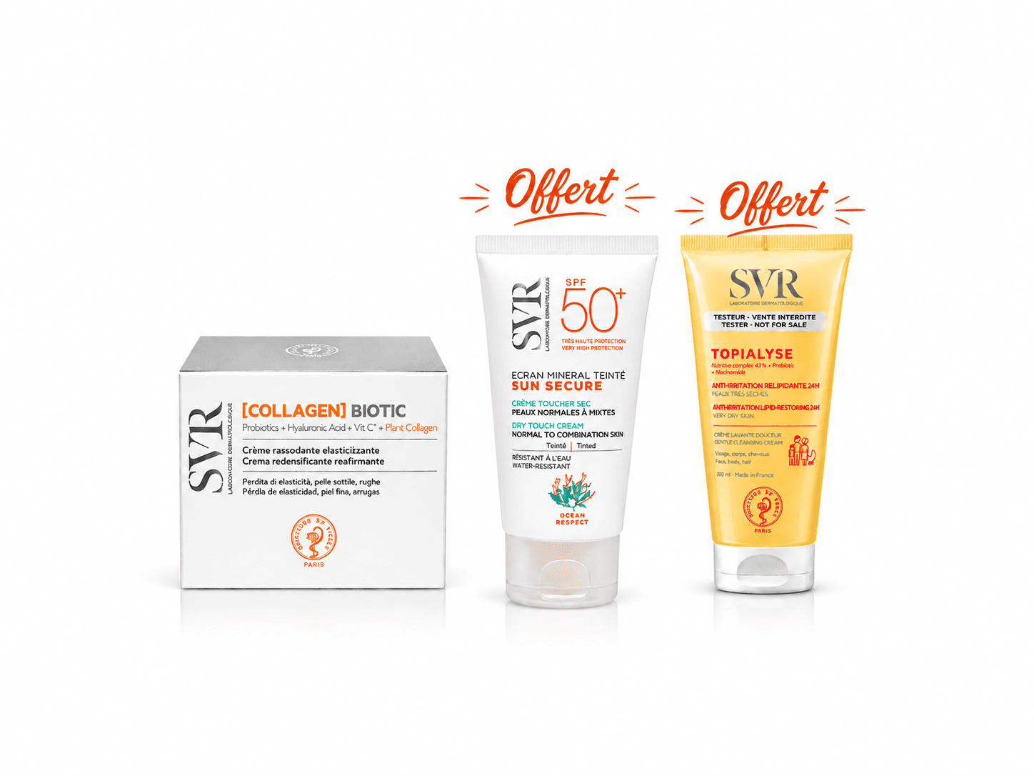 SVR Biotic Collagen Crème Rebondissante Regénèrante 50mL + Ecran Minéral Teinté 50mL et Topialyse Huile Lavante 55 mL Offerts