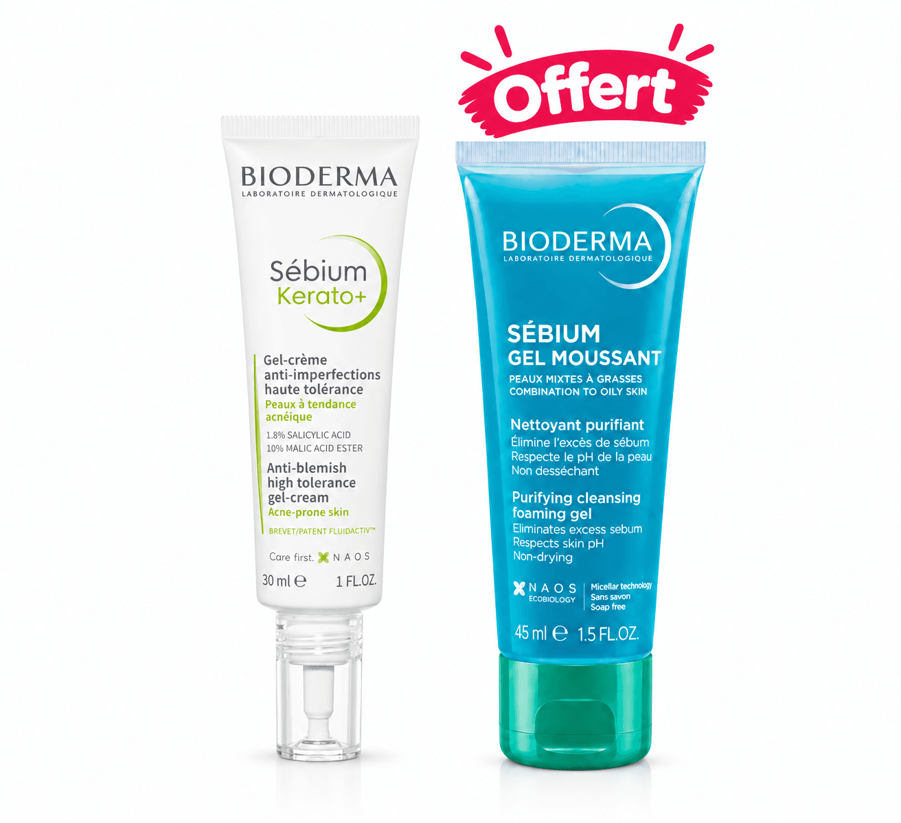 Bioderma Sébium Kérato+ Gel-Crème 30mL+Sebium Gel Moussant 45mL Offert