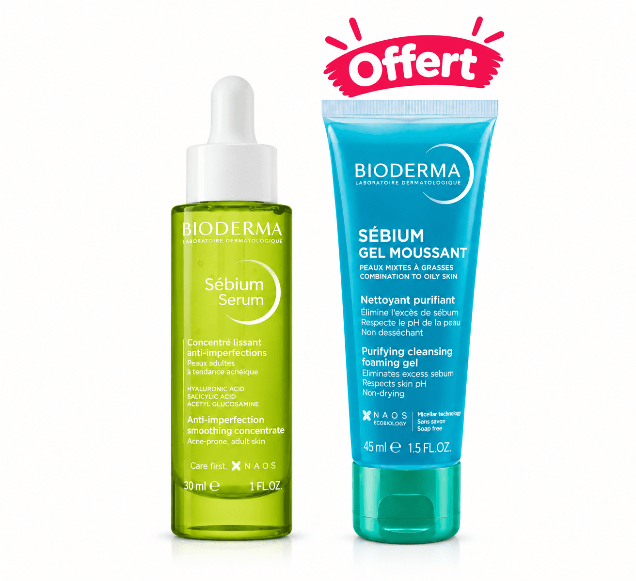 Bioderma Sébium Sérum Concentré Lissant Anti Imperfections 30mL+ Sébium Gel Moussant 45mL Offert