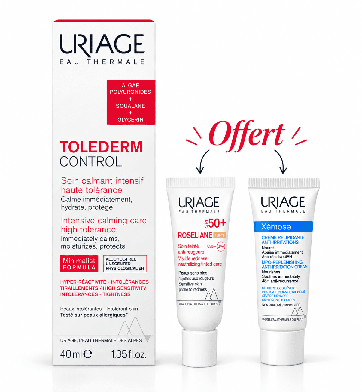 Uriage Tolederm Control Soin Calmant Intensif 40mL+Mini Doses Roséliane SPF50 Teinté et Xemose Crème Offertes