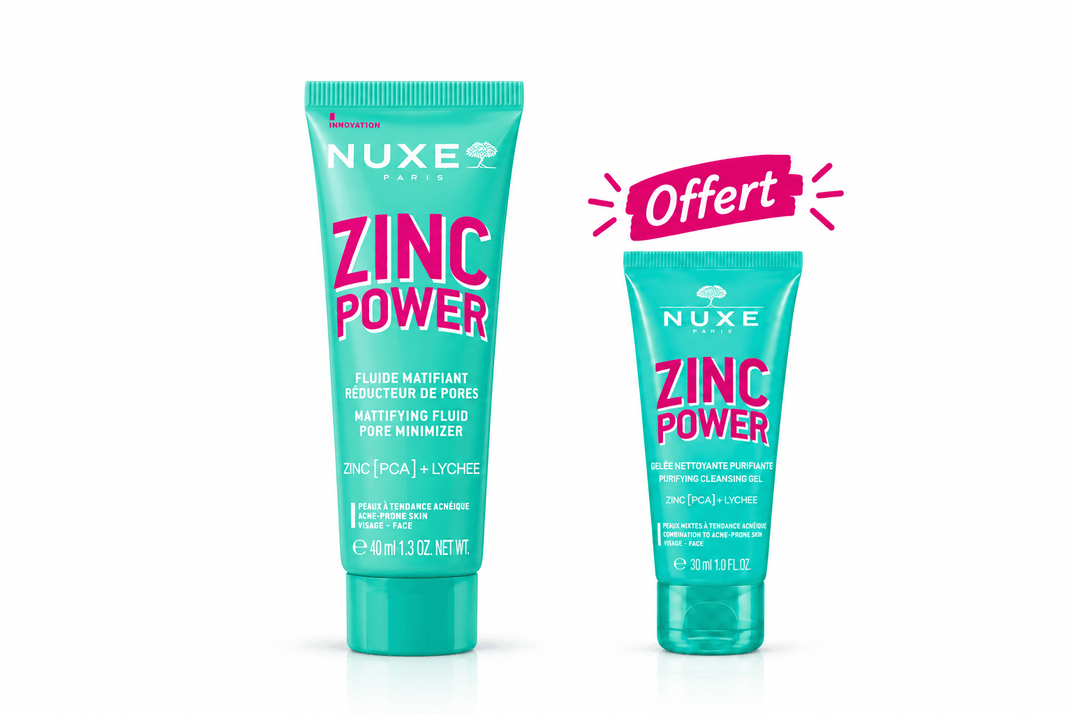 Nuxe Zinc Power Fluide Matifiant Réducteur De Pores 40mL+Zinc Power Gelée Nettoyante 30mL Offerte