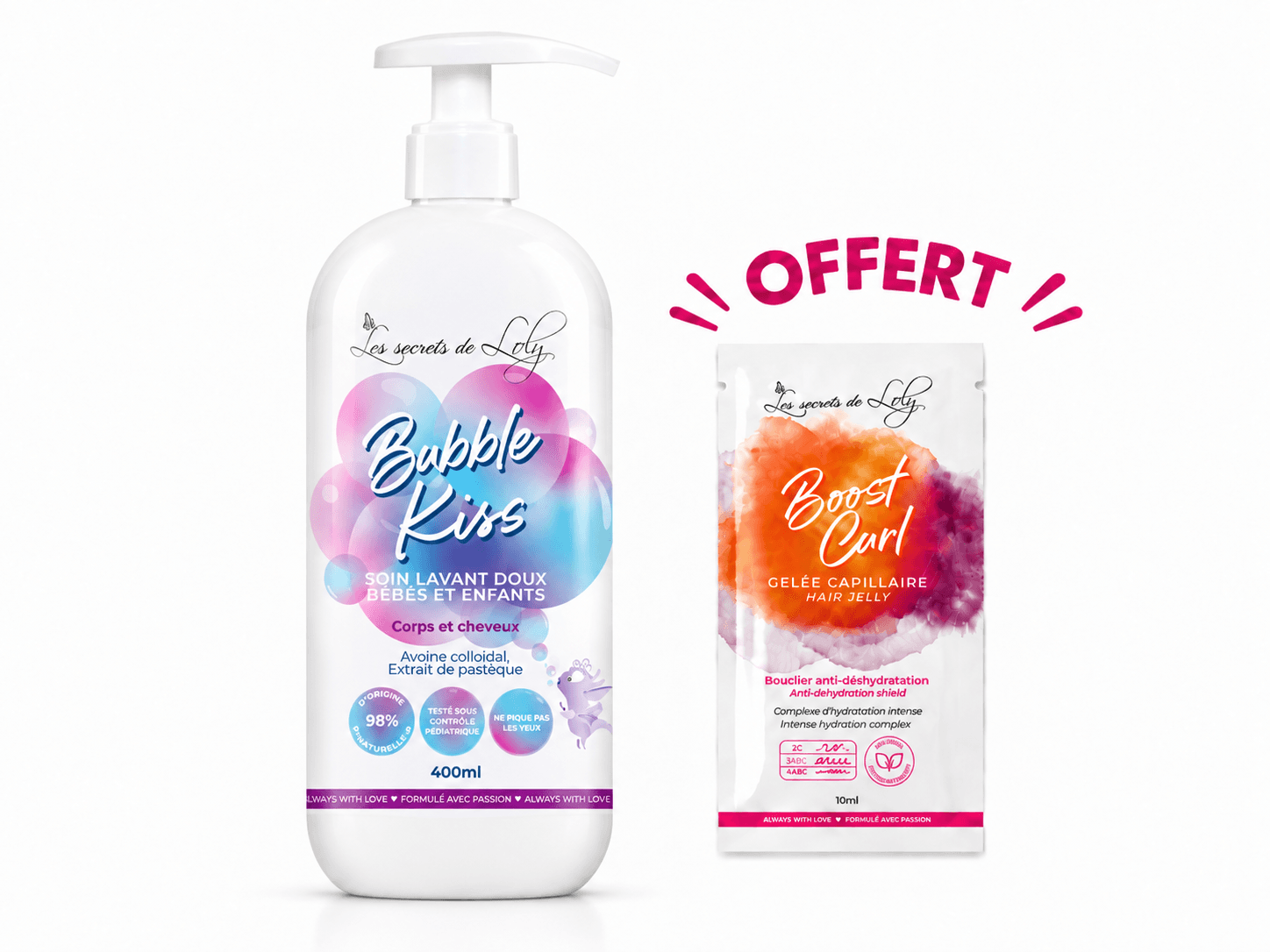 Les Secrets De Loly Bubble Kiss Soin lavant Doux Bébés et Enfants Corps et Cheveux 400mL + Boost Curl 10mL Offert