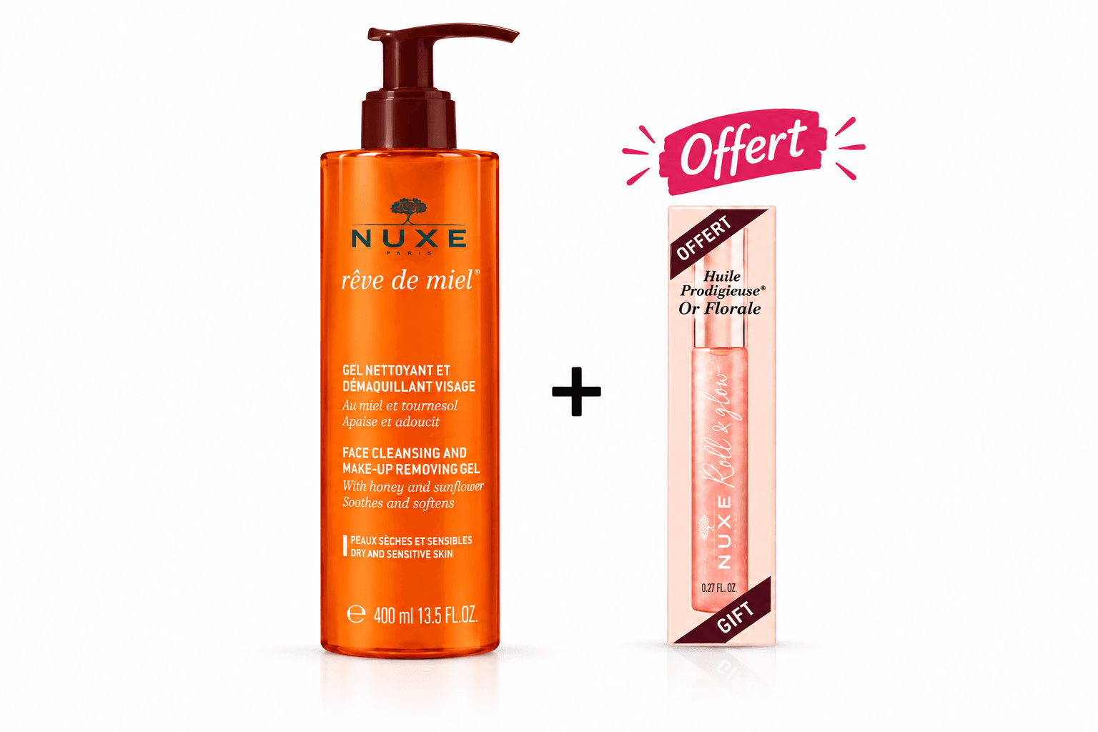 Nuxe Rêve De Miel Gel Lavant Surgras Visage Et Corps 400mL + Roll-On OR Florale 8mL Offerte