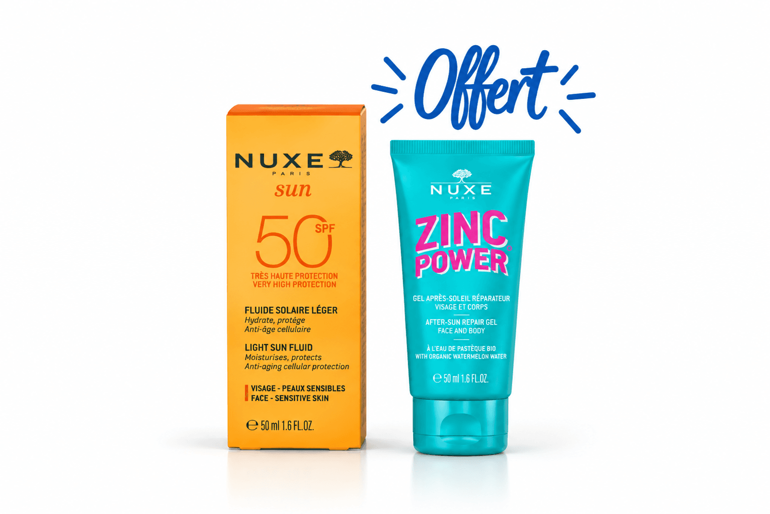 Nuxe Sun Fluide Léger Visage Spf50 50mL + Zinc Power Gelée Nettoyante 30mL (Offerte)