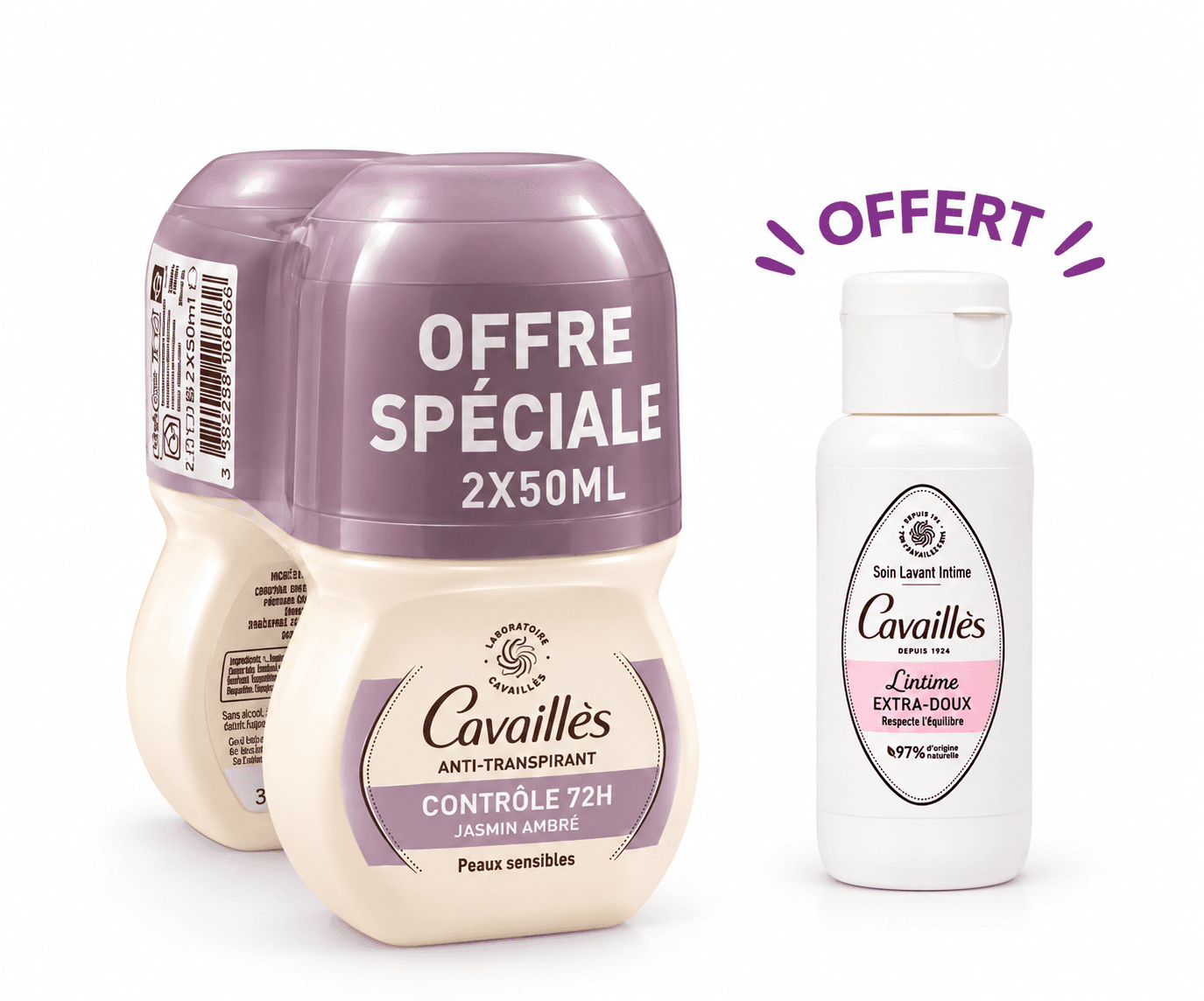 Rogé Cavaillès Lot 2 Anti-Transpirant Jasmin Ambré Contôle 72h Roll-On 50mL + Mini Dose Offerte