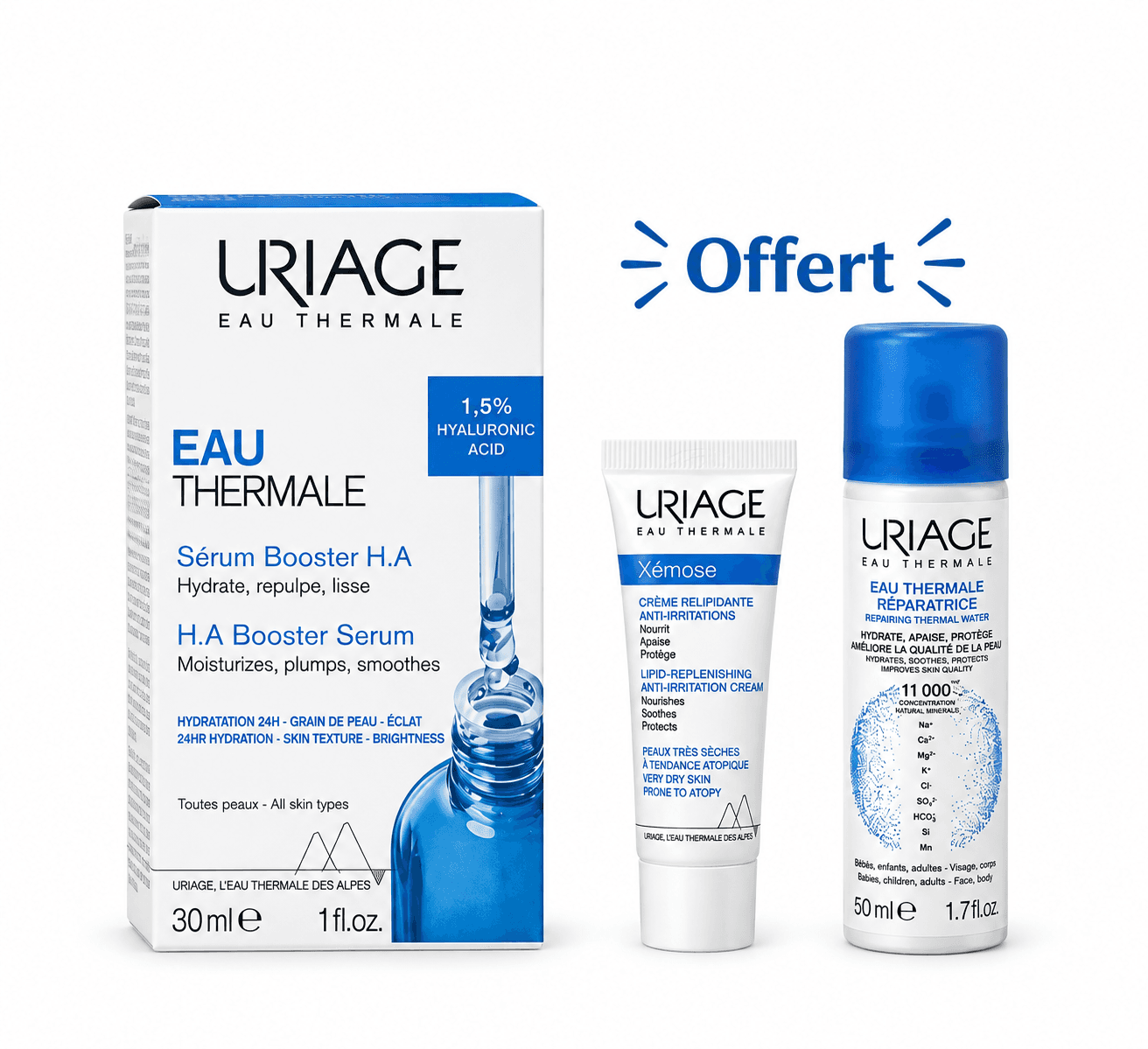 URIAGE EAU THERMALE Sérum Booster H.A 30mL+ Eau Thermale 50mL et Mini Dose Xémose Crème Offertes