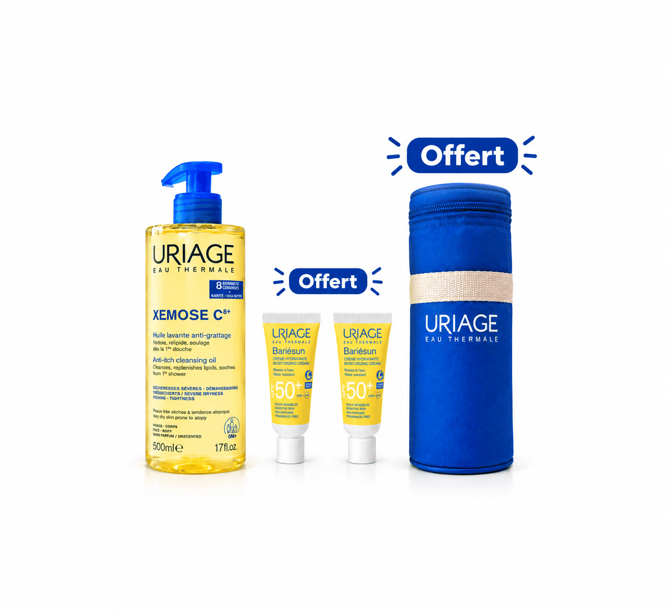 Uriage Xémose C8+ Huile Lavante Apaisante 500mL + 2 Mini Doses Bariésun Et Gourde Offertes