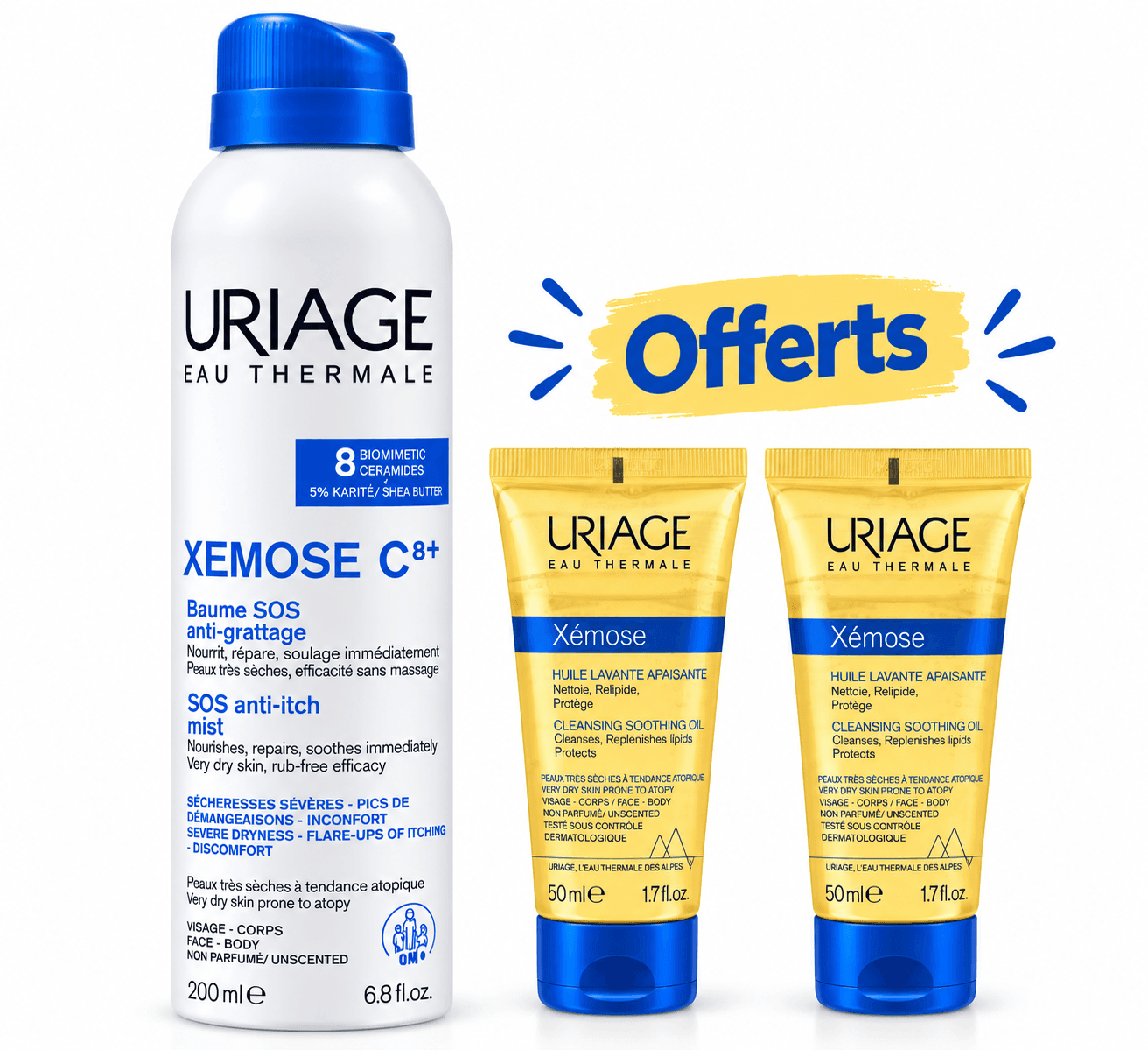 Uriage Xémose C8+ Brume SOS Anti-Grattage 200mL+2 Xémose Huile Lavante 50mL Offertes