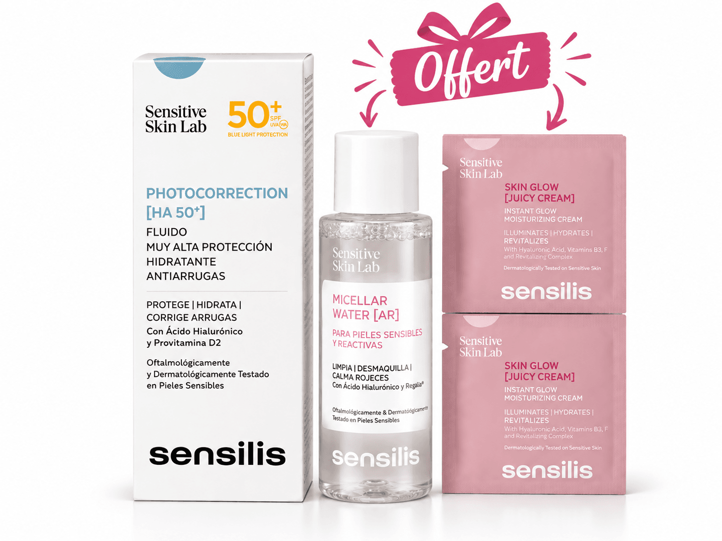 SENSILIS Photocorrection HA 50+ Fluide SPF50+ 50mL + Eau Micellaire 50mL et 2 Mini Doses Offertes
