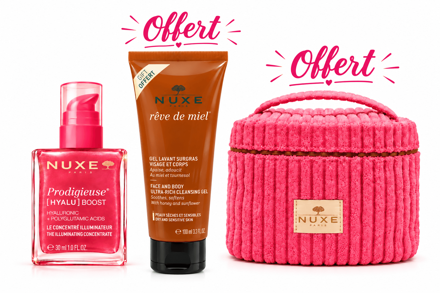 NUXE Prodigieuse [Hyalu] Boost Concentré Illuminateur 30mL + Gel Surgras 100mL et Trousse Offerts