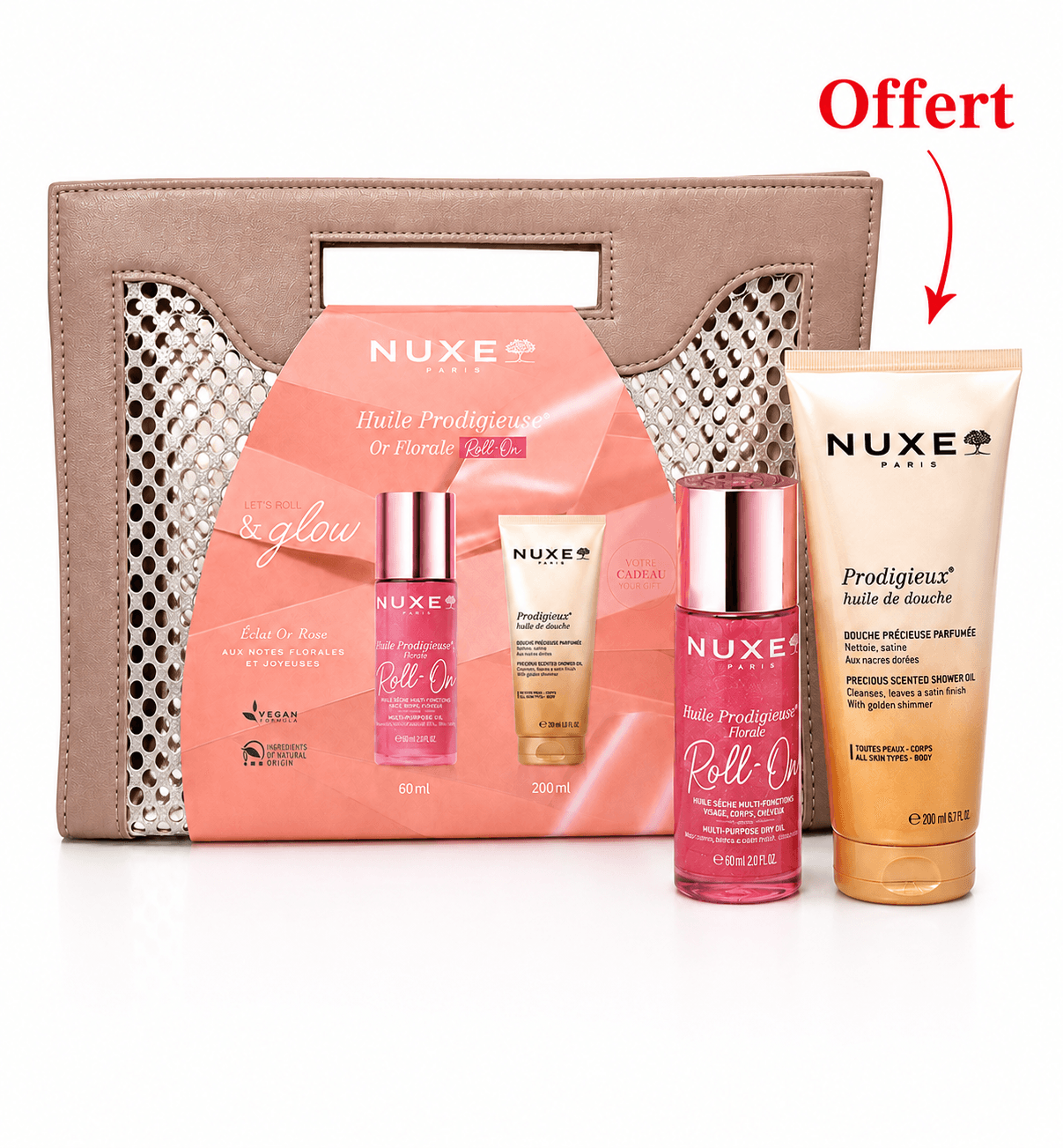 NUXE Sac Huile Prodigieuse Or Florale Roll-On 60mL Et Huile de Douche 200mL (Offert)