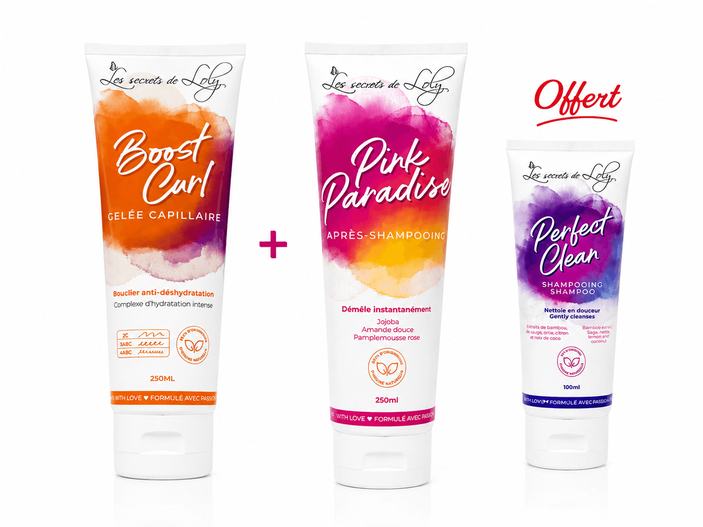 Les Secrets de Loly Boost Curl 250mL+ Après-Shampoing Pink Paradise 250mL +Shampoing Perfect Clean 100mL Offert