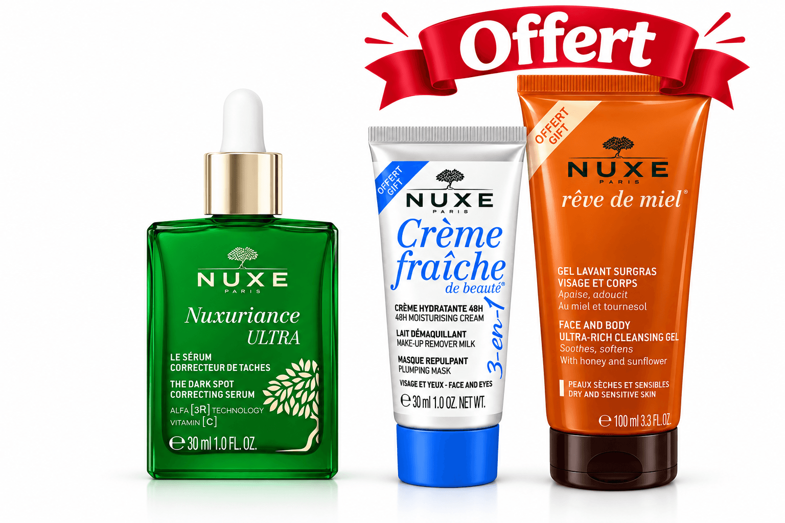 NUXE Nuxuriance Sérum Correcteur De Tâches 30mL + Crème Fraîche 30mL et Gel Surgras 100mL Offerts