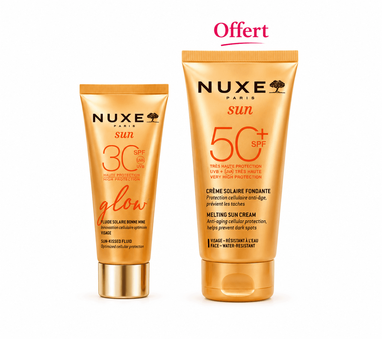 Nuxe Sun Ecran Fluide Glow SPF30 40mL + Crème Solaire Fondante SPF50 50mL Offerte