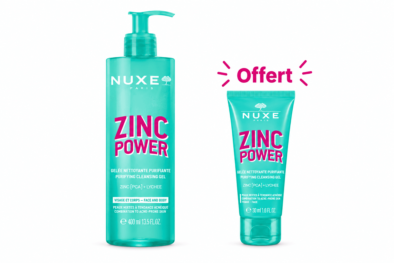 Nuxe Zinc Power Gelée Nettoyante Purifiante 400mL + Zinc Power Gelée Nettoyante 30mL Offerte
