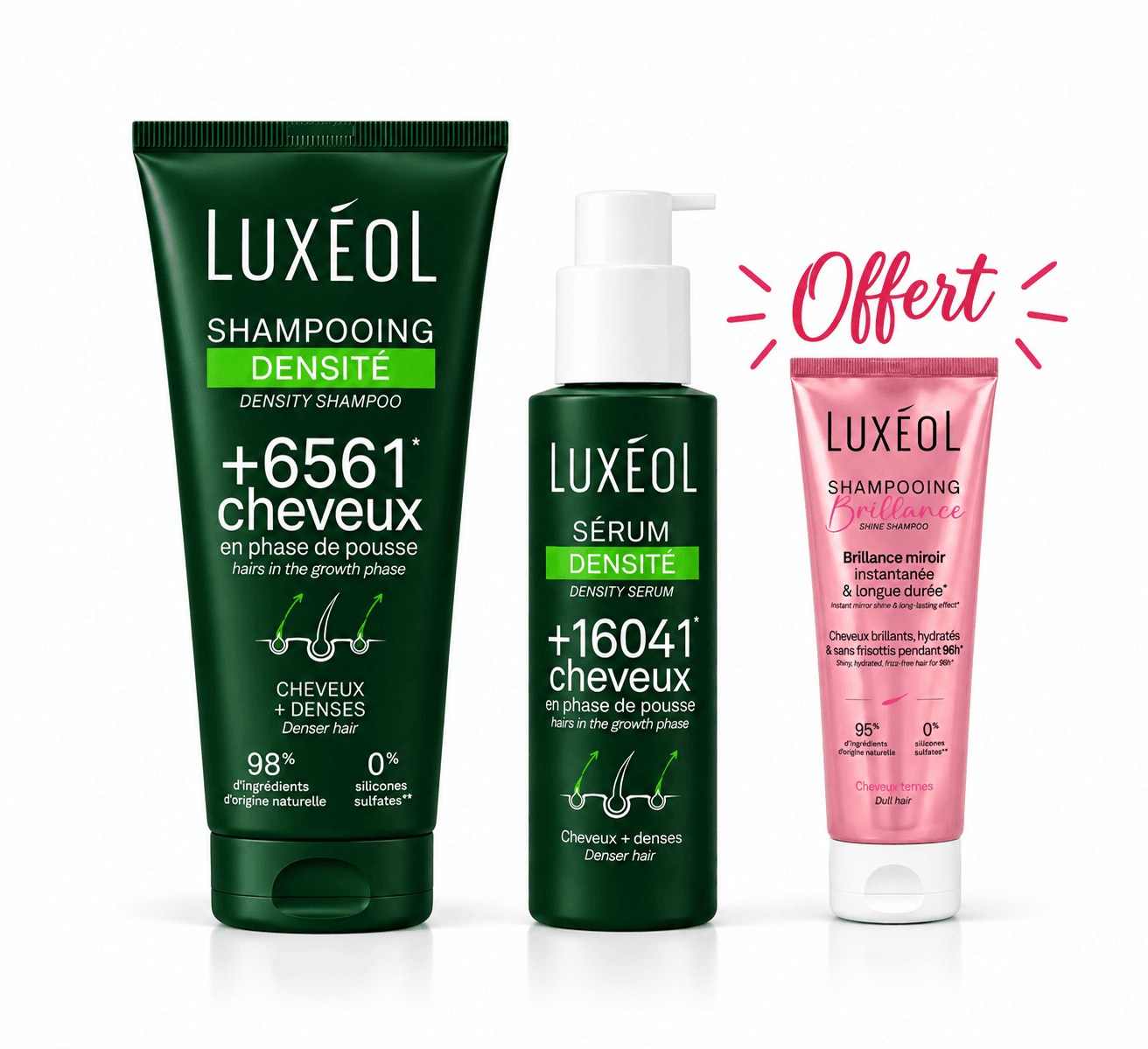 Luxeol Shampoing Densité 200mL+Sérum Densité 100mL + Shampoing Brillance 75mL Offert