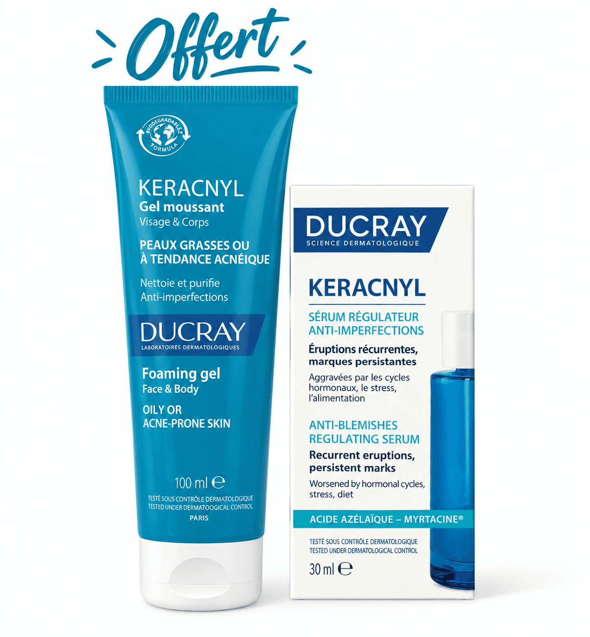 Ducray Pack Keracnyl Sérum Régulateur Anti-Imperfections 30mL + Keracnyl Gel Moussant 100mL Offert