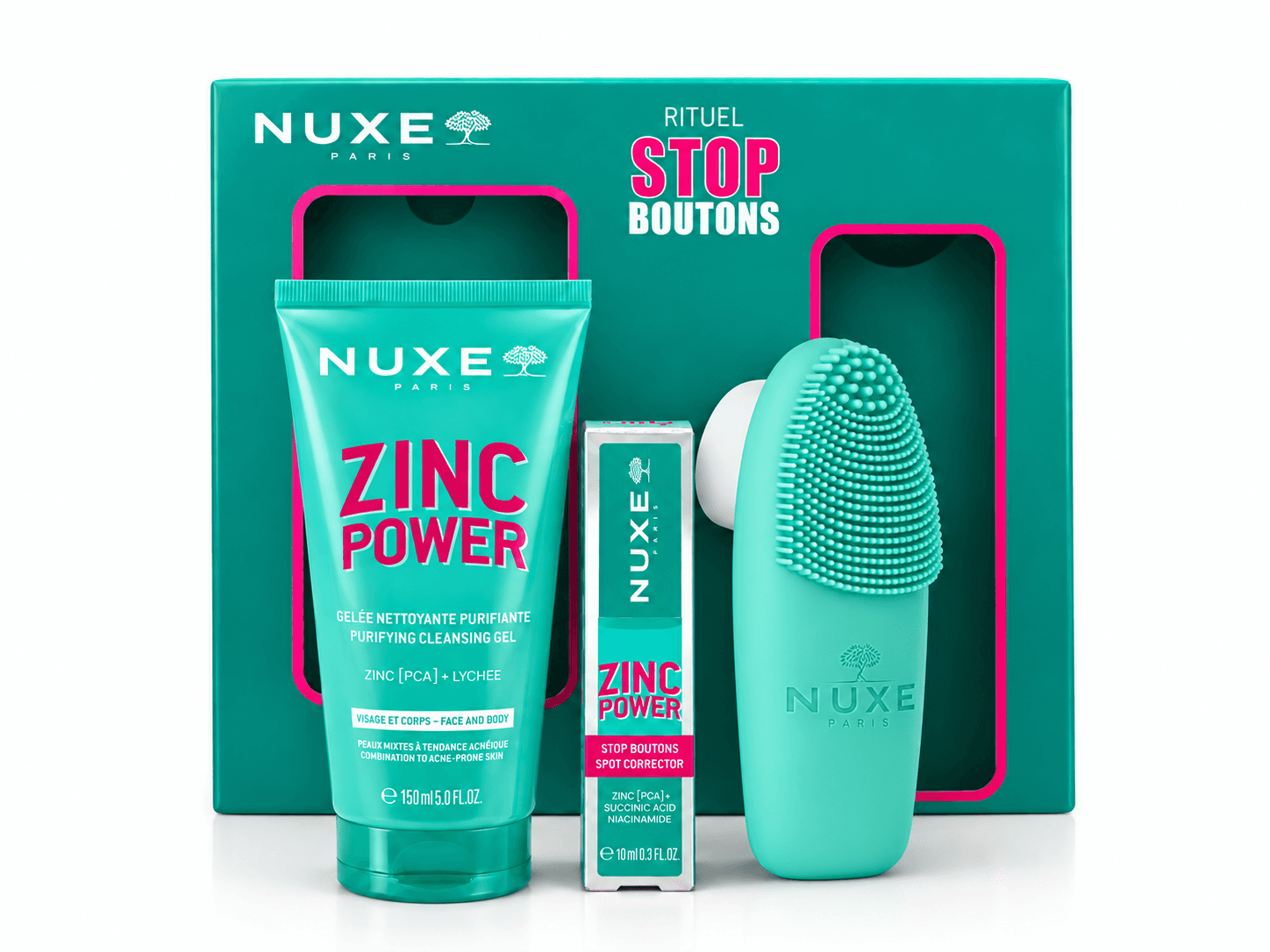 Nuxe Zinc Power Coffret Stop Boutons + Gelée Nettoyante 150mL + Brosse Nettoyante 3en1 Offerte
