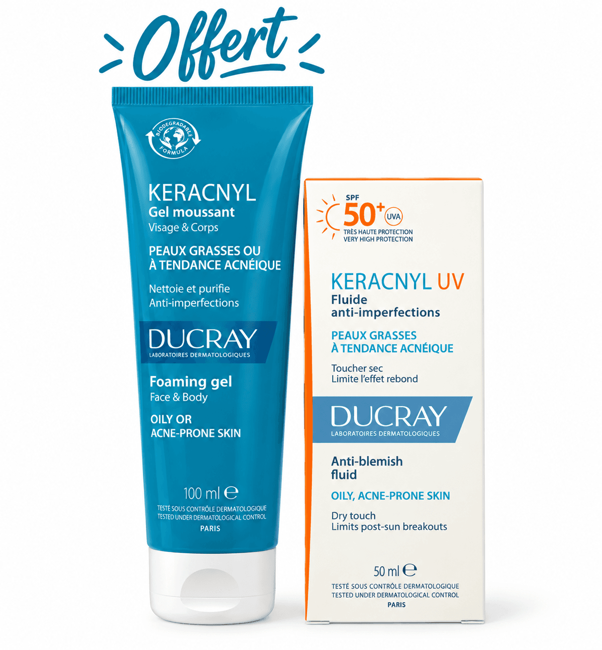 Ducray Pack Keracnyl UV Fluide SPF50+ 50mL+ Keracnyl Gel Moussant 100mL Offert