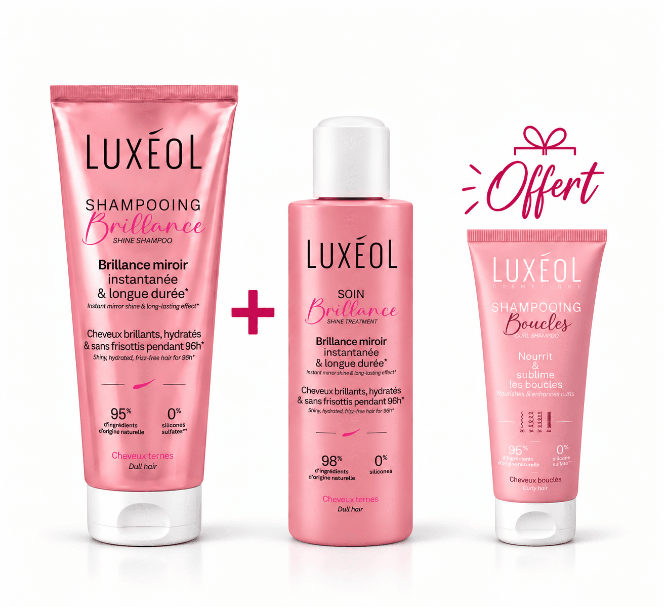 Luxeol Shampoing Brillance 200mL+Soin Brillance 200mL + Shampoing Boucles 75mL Offert