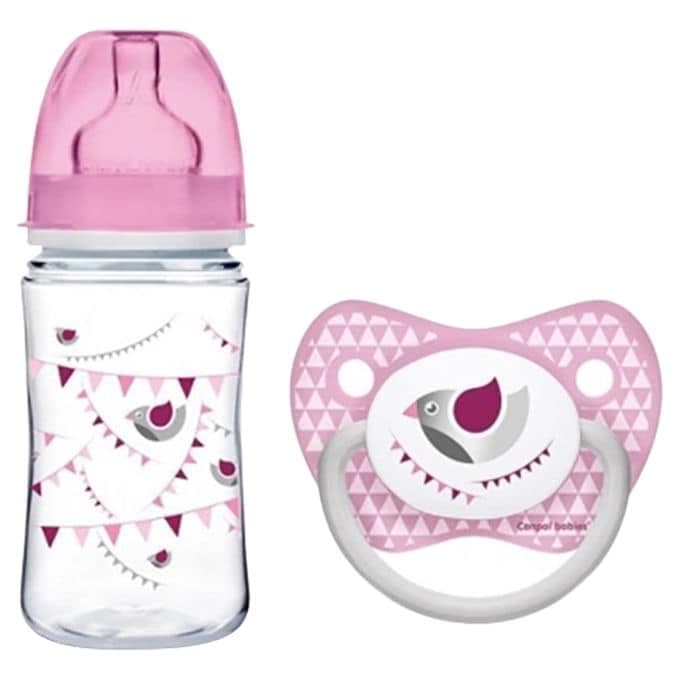 CANPOL set let’s celabrate biberon col large 240ml 3M+ et sucette ortho 6-18
