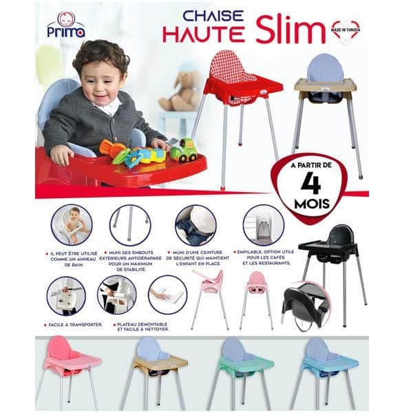Prima Baby Chaise haute slim rouge avec coussin bleu