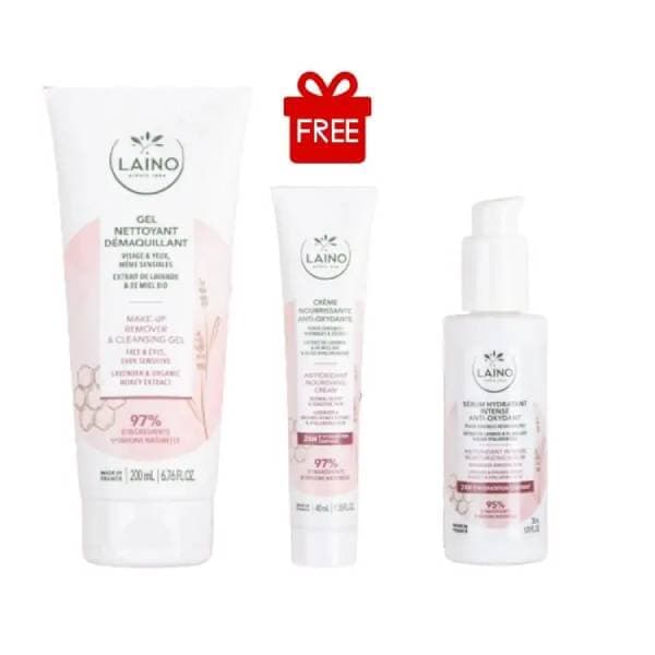 Laino gel nettoyant demaquillant 200ml + serum anti-oxydant + creme nourrissante gratuit