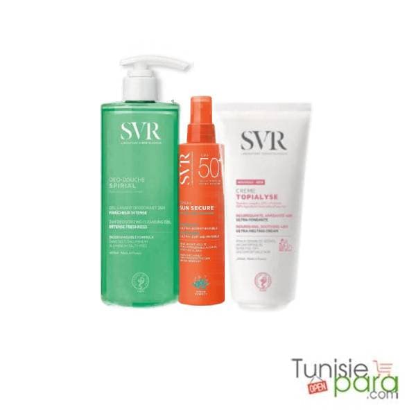 svr pack sun secure spray + spirial deo douche + topialyse creme offerte