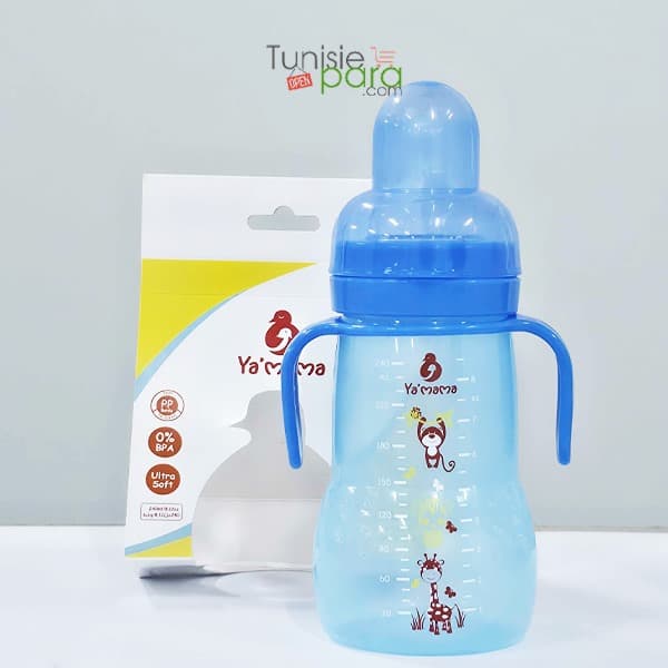 YA’MAMA biberon col large bleu avec bras 240ml