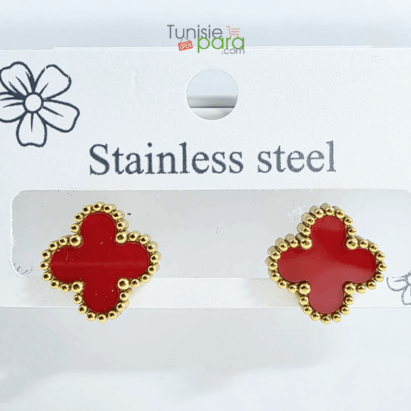 Boucles d’Oreilles “Puces Coquelicot” – Trèfles Rouges et Or en Acier Inoxydable