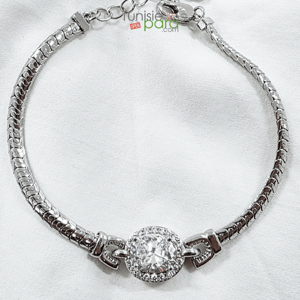 Bracelet Argenté en Acier Inoxydable – Médaillon Central Halo Scintillant et Maille Serpent