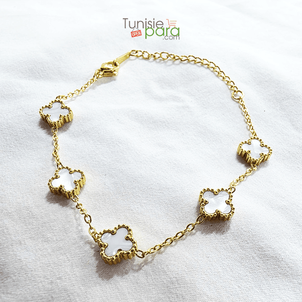 Bracelet “Rêve d’Opale” – Maillons Trèfles en Nacre et Or en Acier Inoxydable