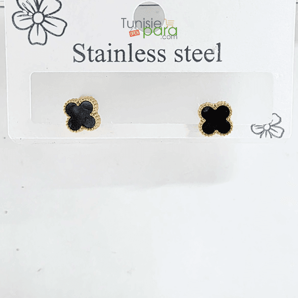 Boucles d’Oreilles “Puces Onyx” – Trèfles Noirs et Or en Acier Inoxydable