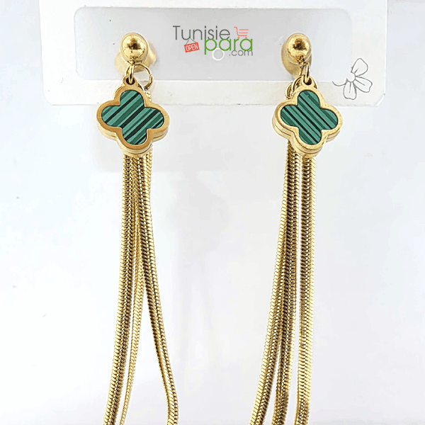 Boucles d’Oreilles “Cascade Malachite” – Trèfles Verts et Chaines Serpent en Acier Inoxydable