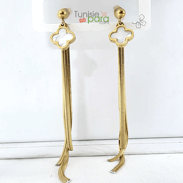 Boucles d’Oreilles “Cascade Nacrée” – Trèfles en Nacre et Chaînes Serpent