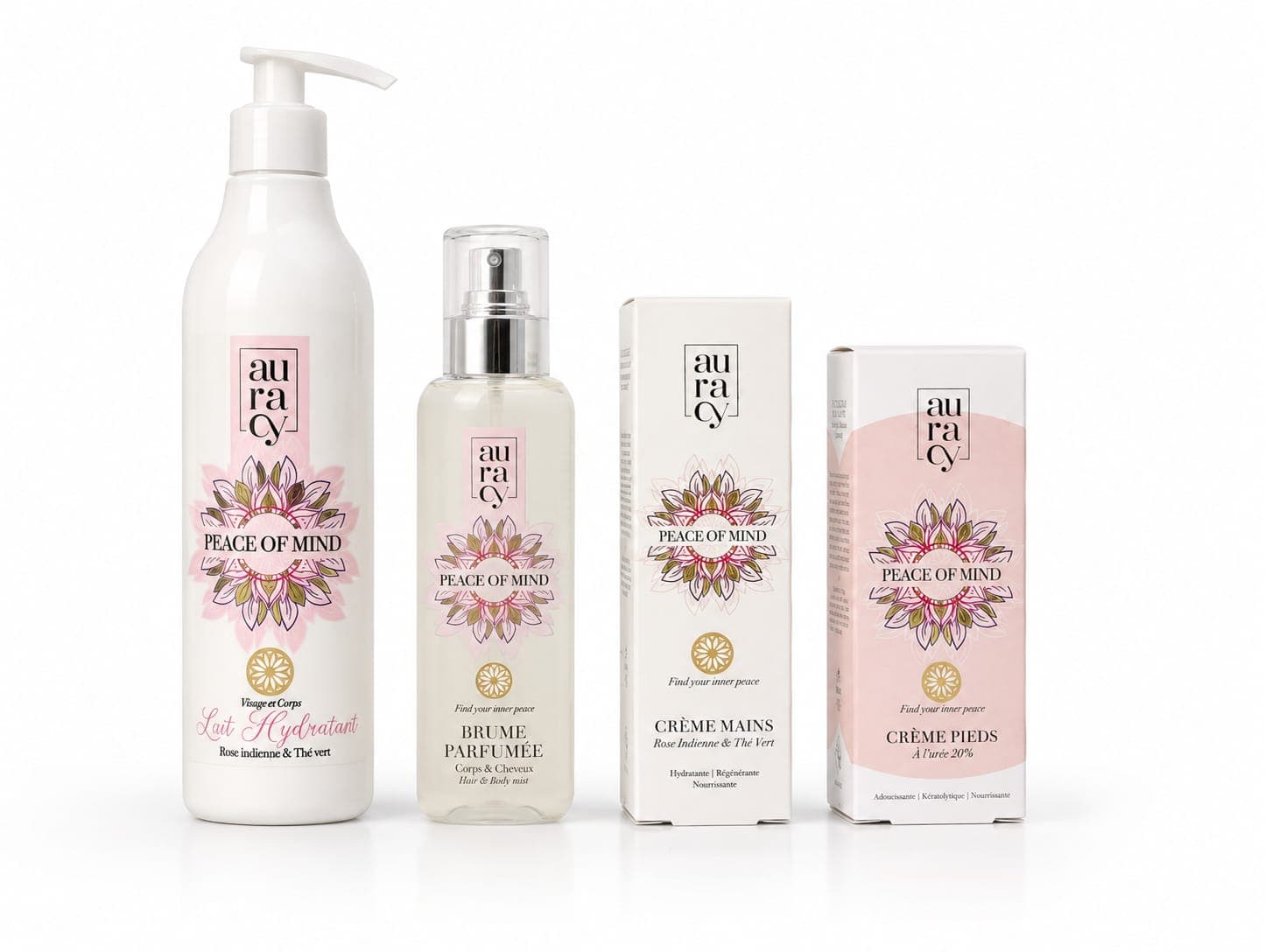 Auracy pack Peace of mind lait hydratant 400ml+brume parfumée+creme mains+creme pieds