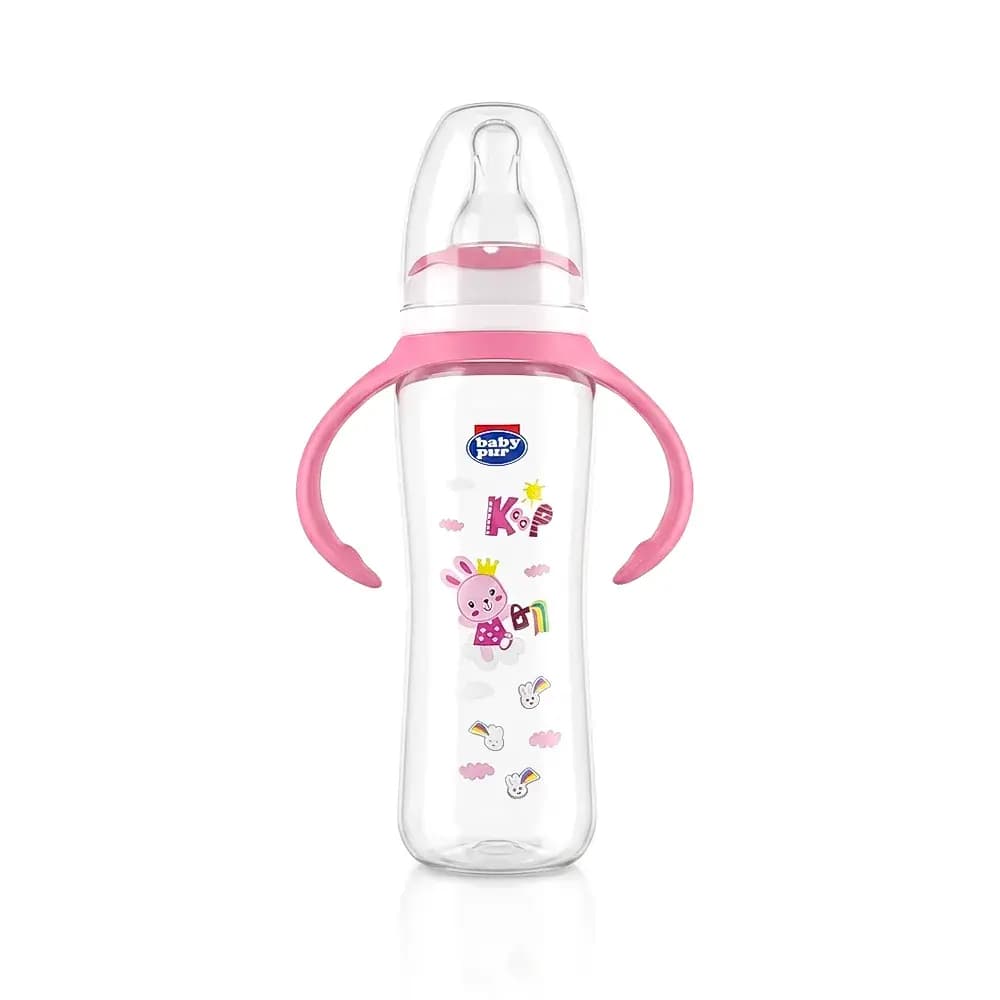 Baby Pur Biberon en Plastique Caree Avec Anse 250 ml ROSE Ref 72016