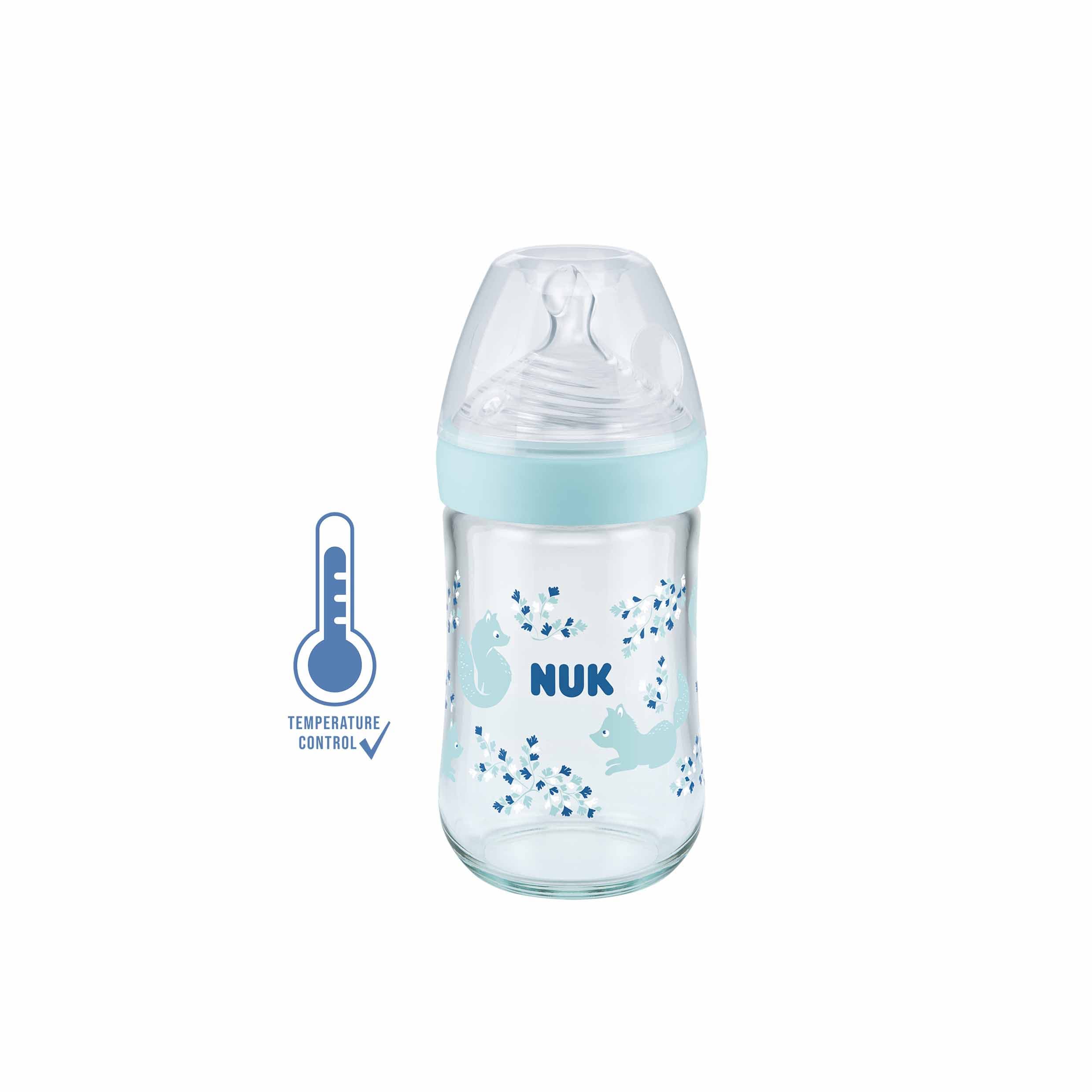 NUK Biberon Nature Sense Avec Temperature Control En Verre Bleu 240 ml